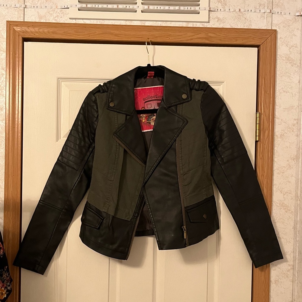 Green and black faux leather jacket